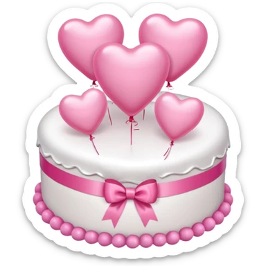 white heart shaped birthday cake with pink bow, pink balloons in background  sticker