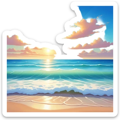 A beautiful  shoreless seascape with waves in warm tones under a bright sun, with the azure sea occupying the foreground. The sunlight reflects off the water, creating a vibrant, peaceful atmosphere. The background features a stunning sky with soft clouds and a distant horizon. sticker