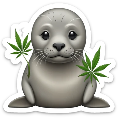 Grey slim seal sitting down and smoking weeds cannabis sticker