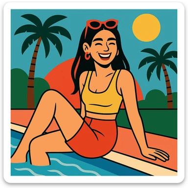 Dua Lipa relaxing by the pool, summer outfit, cheerful, palm trees sticker
