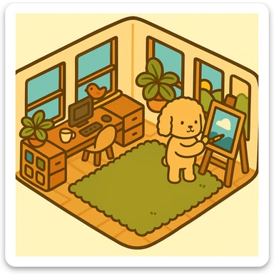 Add a single paintbrush to the character's paw, making it appear as if the character is painting on the canvas on the easel. Keep the original style, colors, and strokes exactly the same, only include the paintbrush and the action of painting without altering anything else. sticker