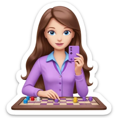 beautiful barbie girl with long brown hair, blue eyes and wearing light purple clothes playing board games sticker