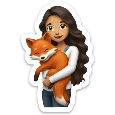a woman with long wavy dark brown hair hugging a fox sticker