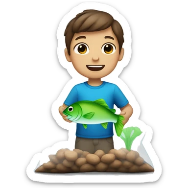 Little boy with brown hair holding a blue and green fish in a clear plastic bag sticker