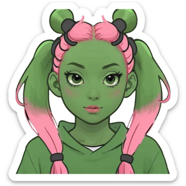 Girl with full lips grinning big, squinty eyes, and long eyelashes. Pink long hair with long bangs at the front, and two space buns on top of her head sticker