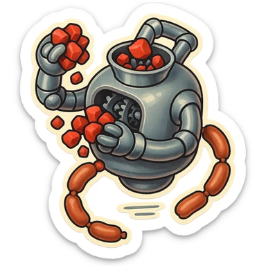hovering robot. stuffs material into large hole on its top with arms. hole is where neck and head would be. spinning gears and blades  grind red chunks. sausage links come our of hole on backside.  3/4 view. between realism and cartoon. well lit. no dramatic lighting. metallic robot. works diligently. dark humor sticker
