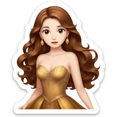 Cinematic Stunning Belle Portrait Emoji, Deep brown eyes full of curiosity, long chestnut hair flowing in soft waves, wearing her golden ballroom gown, glowing with warmth and elegance, a princess whose beauty is as radiant as her mind! sticker