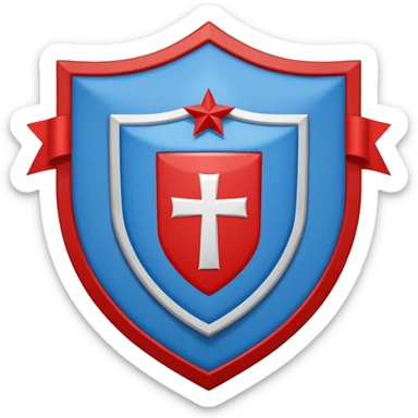A shield emblem with two top squares: a blue one with "IHS" and a red one with a checkerboard and red circle. The main black shield has a white star, and a white ribbon below reads "DE TENEBRAS ILLUMINARE ET VIAS DIRIGERE".
 sticker
