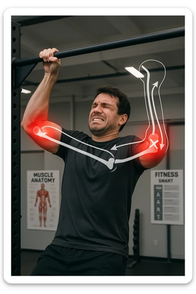 a man in gym clothes esegue una trazione alla sbarra con una tecnica visibilmente scorretta—gomiti troppo larghi o polsi piegati in modo innaturale. I gomiti sono evidenziati con un alone rosso acceso per indicare dolore o infiammazione. Un diagramma trasparente mostra le forze errate applicate sull’articolazione. La scena è ambientata in una palestra moderna, con poster educativi sullo sfondo. sticker