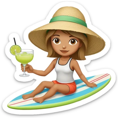 girl on a surf board with margarita and bucket hat sticker