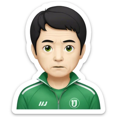 Seong Gi-hun : age 70, skinny and bony face, very small mouth, thick eyebrows deep eyes, unkempt black hair , Green player tracksuit. sticker