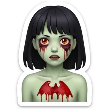 Um zumbi feminino, com cabelo preto e franja, machucados pelo rosto e torso sticker