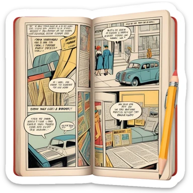 Create a detailed emoji representing the process of writing texts for comic books. The design should feature a large, open comic book with vintage comic strips visible on its pages. A pencil should be shown writing text on one of the comic panels, but without a hand. The pencil should appear as though it is actively creating the dialogue or narration. Use a classic color palette with muted tones for the comic book and brighter accents on the pencil to draw attention to the writing process. Do not include any emojis or smiley faces. Make the background transparent. sticker