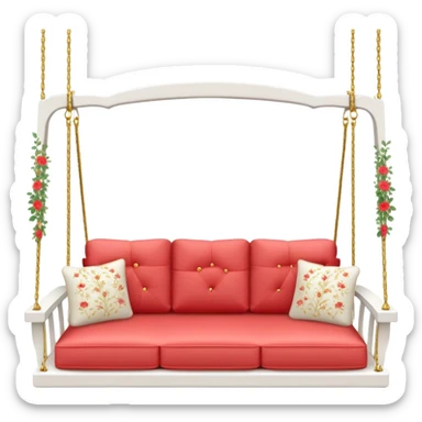 Romantic white wooden pastel-red cushions couch-swing with tiny gold flowers around sticker