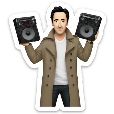 john-cusack-holding-boombox-arms above his head wearing trench coat  sticker