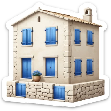 whitewashed stone house with blue shutters, Mediterranean style sticker