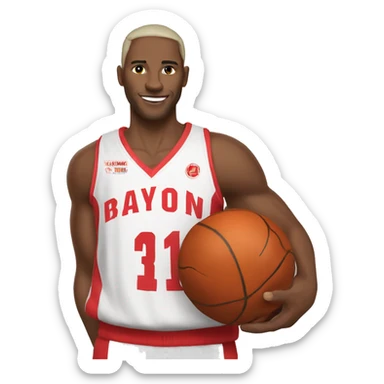 basketball player in a red and white jersey holding a basketball in one hand and showing her 5 fingers with the other.  sticker