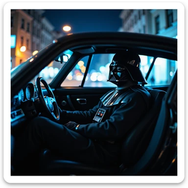 Cinematic shot of a Darth vader sitting in porsche 911, blue and orange lights  sticker