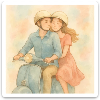 watercolour style, couple on a vintage scooter, pastel background, gentle brushstrokes sticker