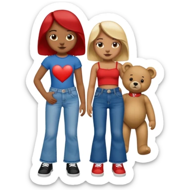 A boy and a girl teddy bear for the boy bear put on true religion shirt and jeans with black shoes and for the girl put flare jeans and a red tube top and white shoes just bears not the humans  sticker