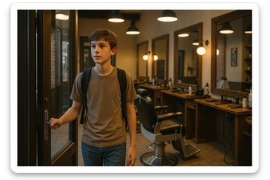 Sartaroshxonaga kirib kelayotgan o'smirin bola sartaroshxona eski ham emas yangi ham emas sticker