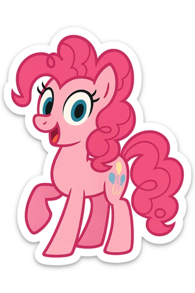 Create more variations of Pinkie Pie in vibrant toon style with cheerful expressions, pink color, and curly mane and tail. Maintain a transparent background. sticker