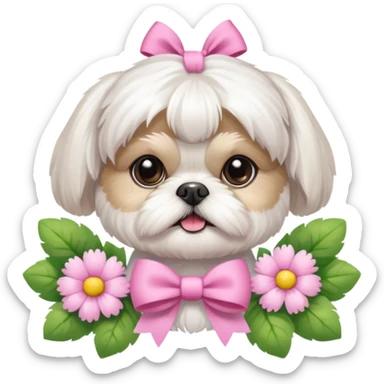 CUTE ALL WHITE SHIH TZU WEARING PINK WITH SPRING FLOWERS sticker