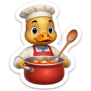 A duck wearing red apron stirring soup in a small pot, looking very focused. sticker