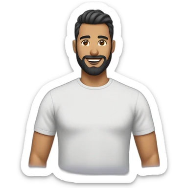 man with high bun and beard with t shirt sticker