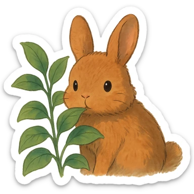 cinnamon bunny peeking behind a plant, soft ghibli style sticker