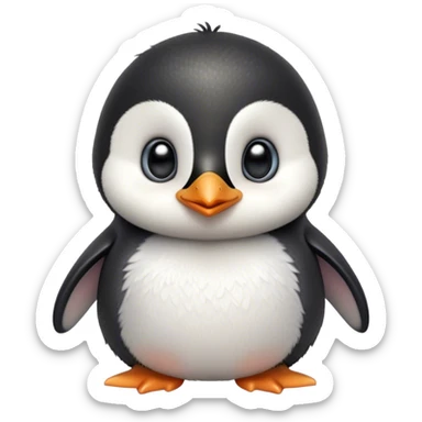 Cinematic Cute Baby Penguin Portrait Emoji, Head tilted playfully and inquisitively, with irresistibly fluffy plumage accented by a tiny beak and round, sparkling eyes filled with wonder, Simplified yet irresistibly adorable features, highly detailed, glowing with a warm, friendly polar glow, high shine, affectionate and lively, stylized with a touch of whimsical charm, bright and endearing, soft glowing outline, capturing the essence of a mischievous yet loving penguin that feels like it could slide out of the screen into your arms! sticker