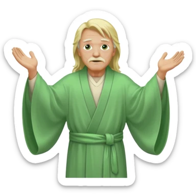 an old man, green eyes, long blonde hair, light green wide, flowing outer robe. opening arms, gazing thoughtfully. Soft light, subtle fern. Waist-up, profile. sticker