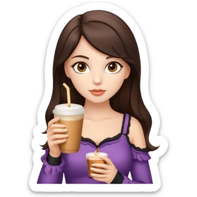 white brunette with brown eyes and a coquette outfit, drrinking caramel machiatto sticker
