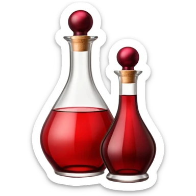 Red wine vinegar and oil bottles, elegant glass, dark brown to ruby, round or square base, slender neck, cork or metallic cap, dark glass, reflections, 3D clean style, transparent background, optimized for emoji size sticker