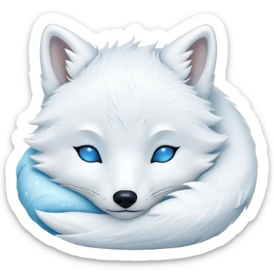 Meme-Worthy Cute Sleeping Arctic Fox Portrait Emoji, Head resting peacefully with a contented smile, showcasing a compact, agile build and a luxuriously soft white Fur with delicate icy blue accents, eyes shut in a serene, restful nap, Simplified yet hilariously adorable features, highly detailed, glowing with a soft, drowsy light, high shine, relaxed and utterly lovable, stylized with an air of playful laziness, bright and heartwarming, soft glowing outline, capturing the essence of a comically sleepy arctic fox, so meme-worthy it feels like it could instantly become the next viral sensation of adorable slumber! sticker