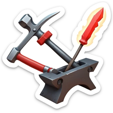 Blacksmithing icon, forged metal piece being shaped with hammer and anvil, glowing red-hot metal, blacksmith tools like tongs and chisel, sparks flying, minimalistic style, clean lines, transparent background. sticker