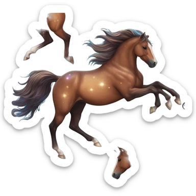Ethereal glittering iridescent rich chestnut brown brindle blue mane horse galloping through constellations and nebulas, unicorn Pegasus sticker