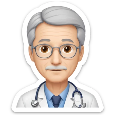 mature 60 year old male doctor with stethoscope, gray hair, professional sticker