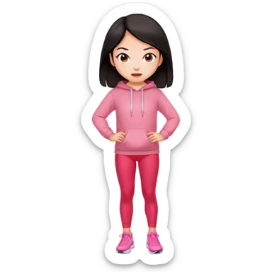 chica pelinegra con ropa de gym licra roja y buzo rosa  sticker