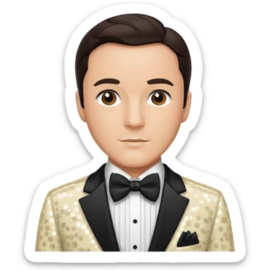 Gene Kelly with dark brown hair, cream sequin suit with bow tie sticker