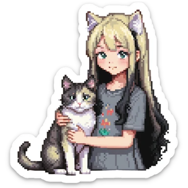 Beautiful girl with long black hair petting a gray and blonde mixed cat sticker