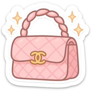 pink Chanel purse with sparkles around it, cute and exaggerated chibi sticker style sticker