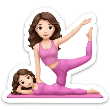 White, brown -eyed, brunette cute feminine lady emoji with wavy long hair doing pilates wearing pink pilates fit sticker