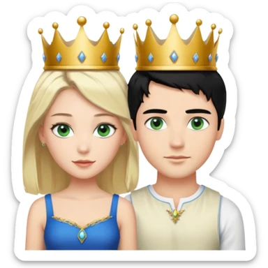Prince with crown, black hair, blue eyes, woman blonde hair, green eyes, sexy white short sleveless dress,  sticker