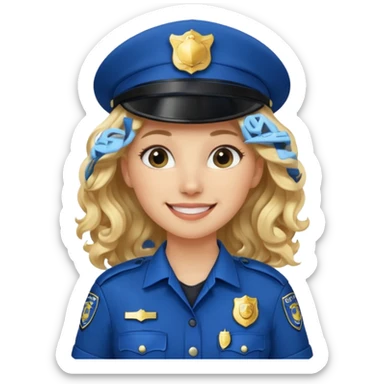 Female POLICE IN blue, long blonde curly hair, happy smile sticker