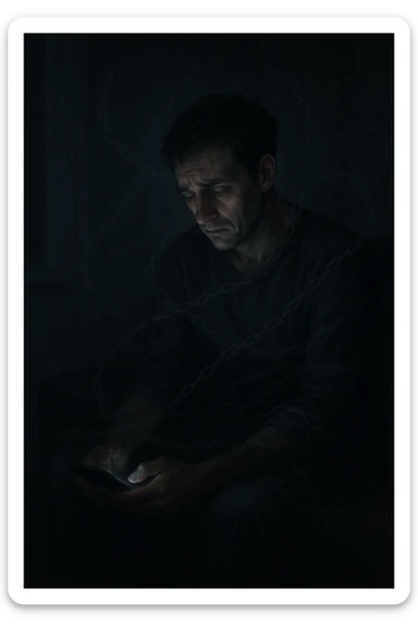 a man sits alone in a dimly lit room at night, illuminated only by the glow of a computer or phone screen. His posture is slouched, and his expression is tired and troubled. Around him, faint, ghostly chains or shadows subtly wrap around his body, symbolizing addiction and emotional distress. The background is blurred, emphasizing isolation and discomfort. in italiano sticker
