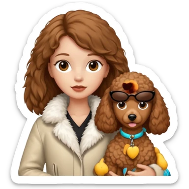A white girl with a long brown straight hair and wearing a fur white jacket holds a brown poodle sticker