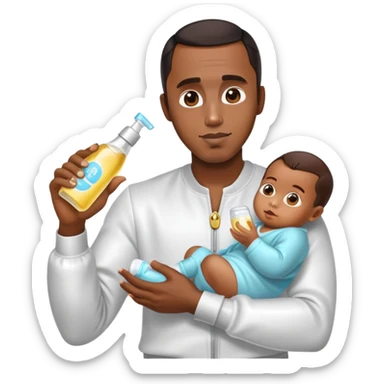 Diddy in a party outfit holding baby oil sticker