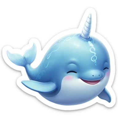 Beautiful and Majestic Cute Narwhal Portrait Emoji, Head and body rendered in serene repose with a gentle, radiant smile, showcasing a streamlined, graceful form adorned with a luminous spiraled tusk and peacefully closed eyes, Simplified yet exquisitely endearing features, highly detailed, glowing with a soft, majestic ocean light, high shine, serene and utterly enchanting, stylized with an air of magical marine splendor, soft glowing outline, capturing the essence of a beautiful and majestic cute narwhal that embodies the quiet wonder of the deep blue! sticker