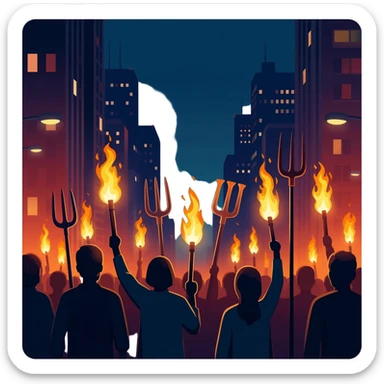 a protest with torches and pitchforks sticker